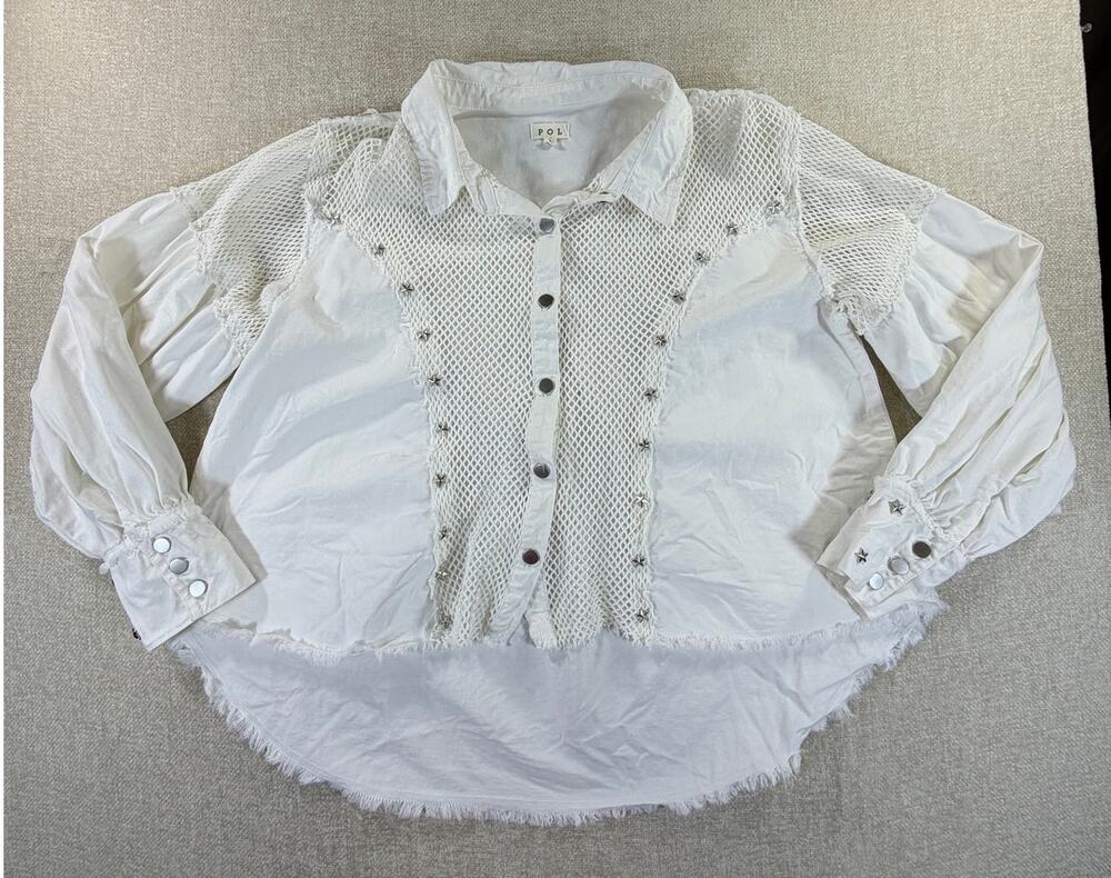POL Women L White Silver Star Sheer Cropped Oversized Western Boho Shirt Jacket